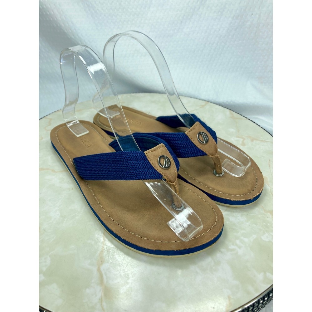 Nautica Woven Strap Thong Flip Flop Sandals Women 6.5 Tan Navy Beach Casual Flat